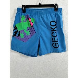 VINTAGE Gecko Hawaii Shorts Mens Medium Blue Neon Graphic Surf Beach Volley 80s